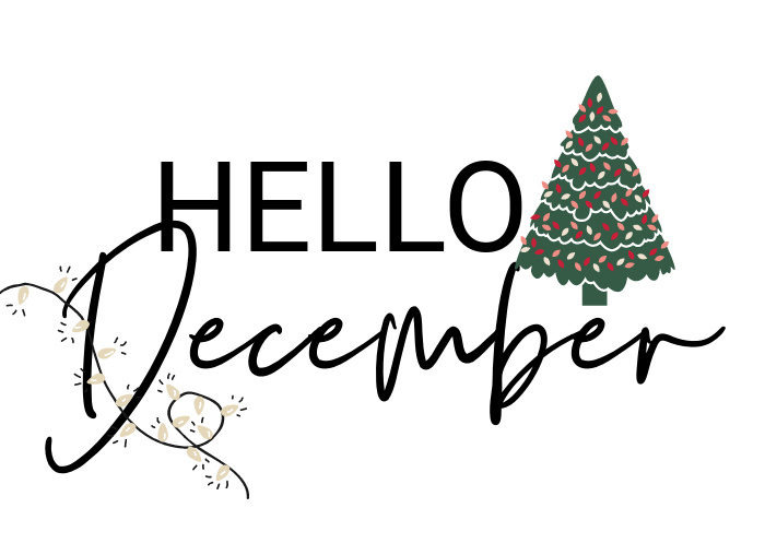  Words Hello December with a christmas tree